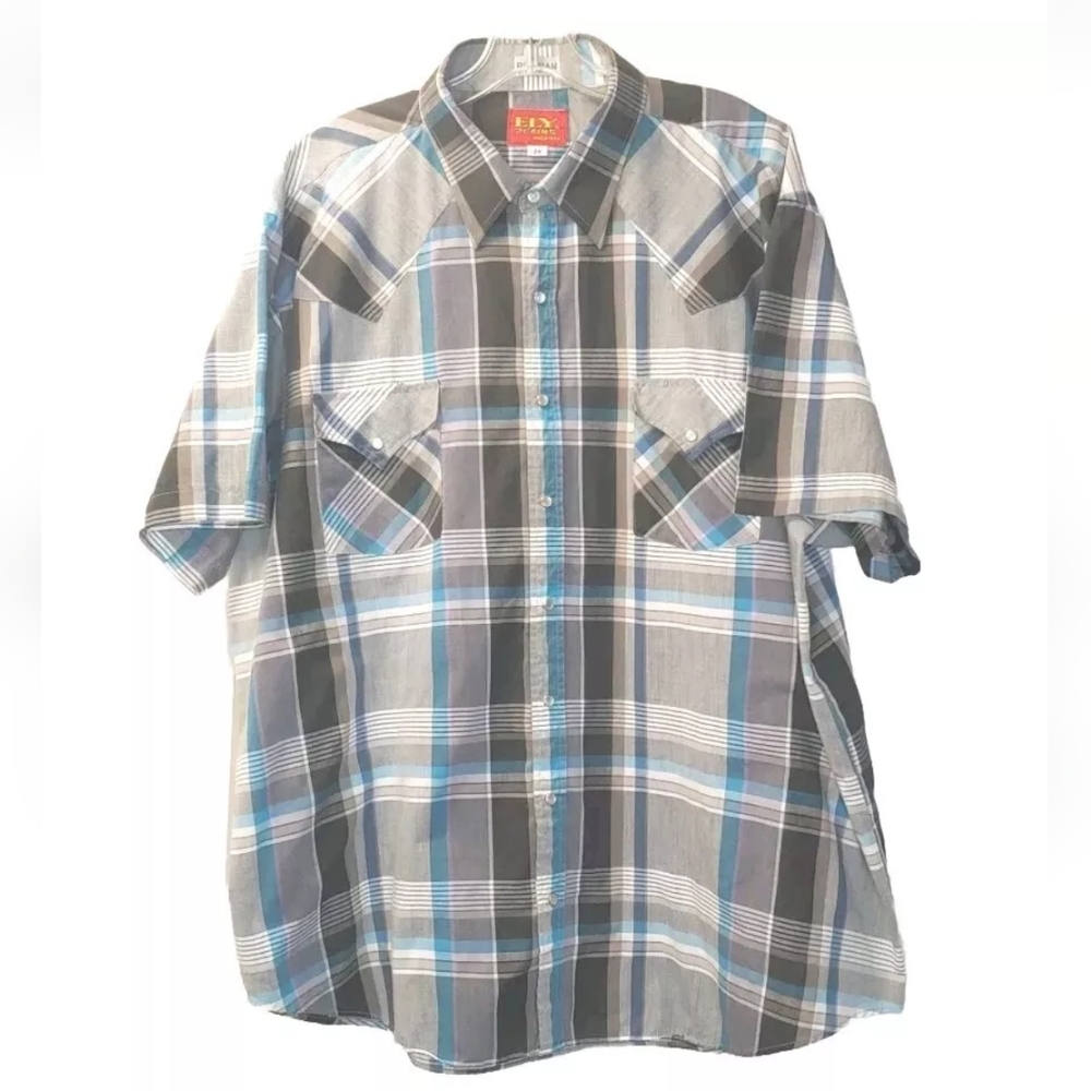 Ely Plains Pearl Snap Shirt Western Cowboy Rodeo Men Sz 2X Grey Plaid Vintage